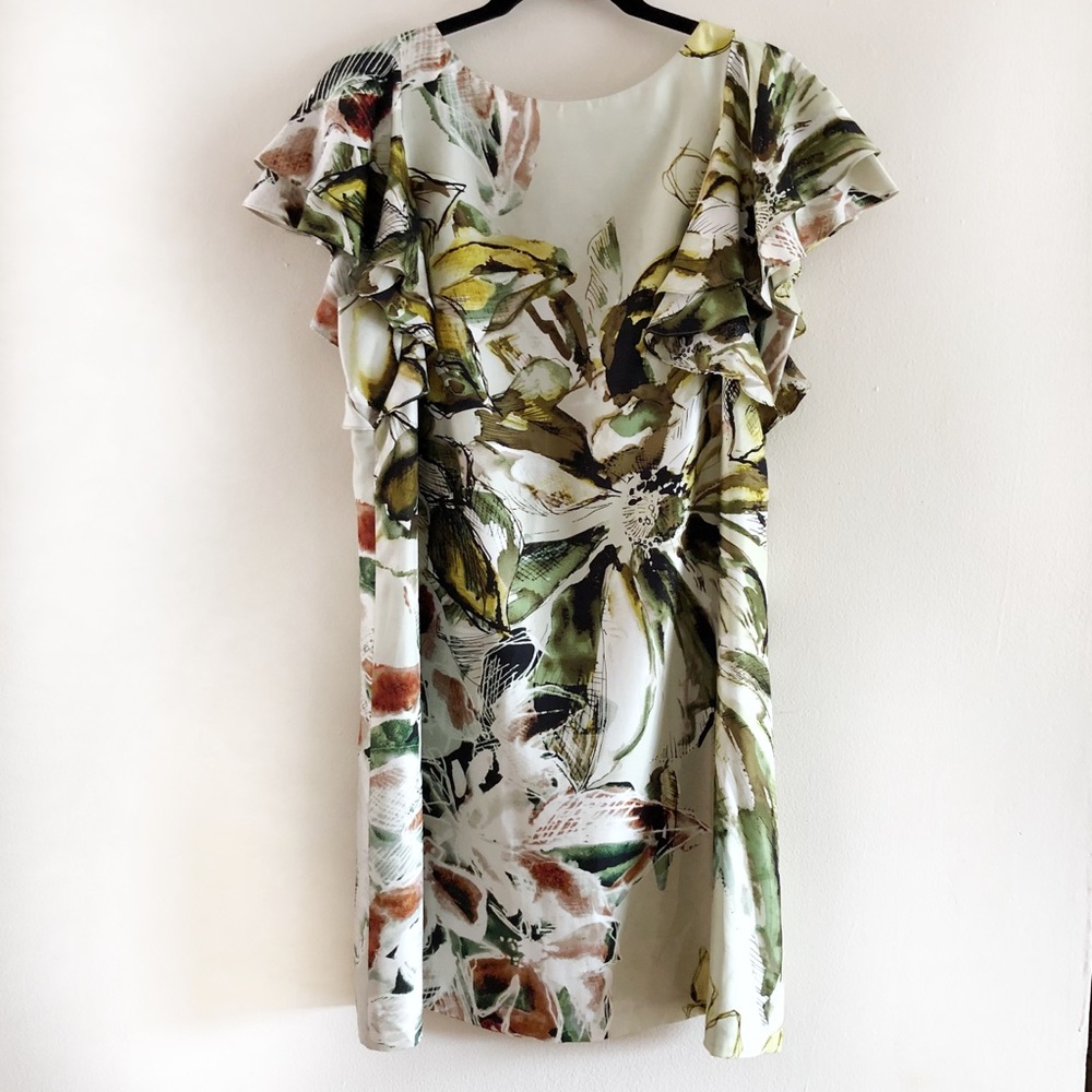 Ali Ro Green Floral Flutter Sleeve Silk Dress